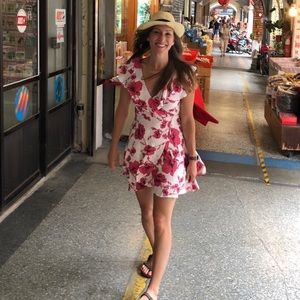 French quarter wrap mini dress white pink floral